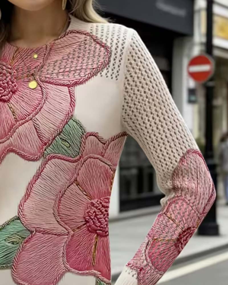 Pullover Blumenmuster Lässig Langarm