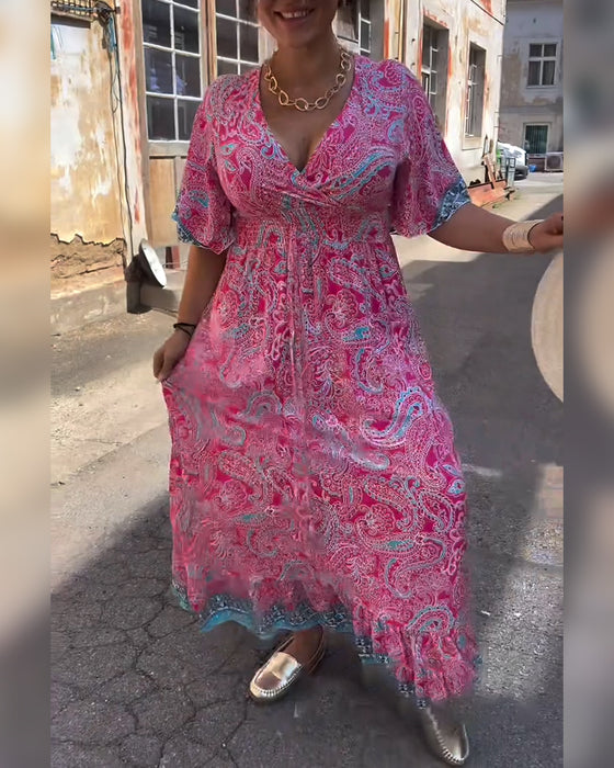 Kleid V-Ausschnitt Bedruckte Taille