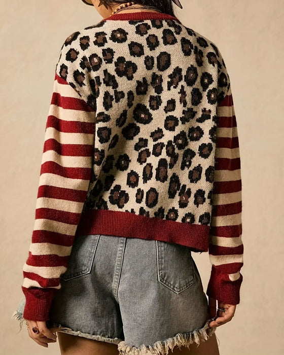 Strickjacke Leopardenstreifen Farbblock Knopf
