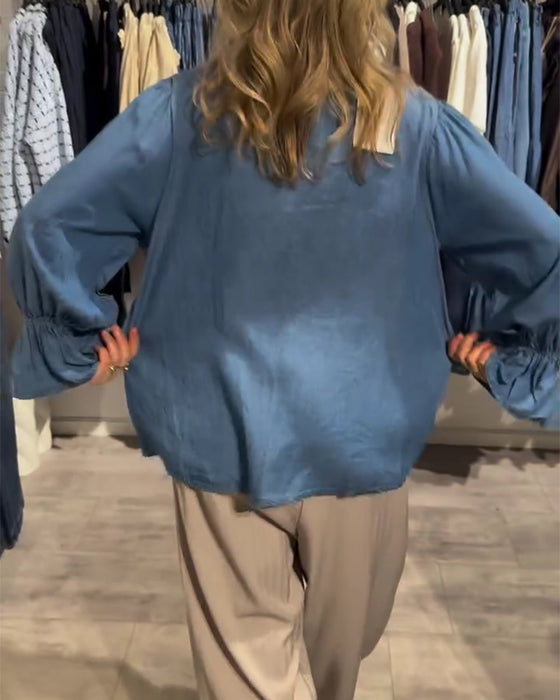 Bluse Rüsche Besatz Binden Denim