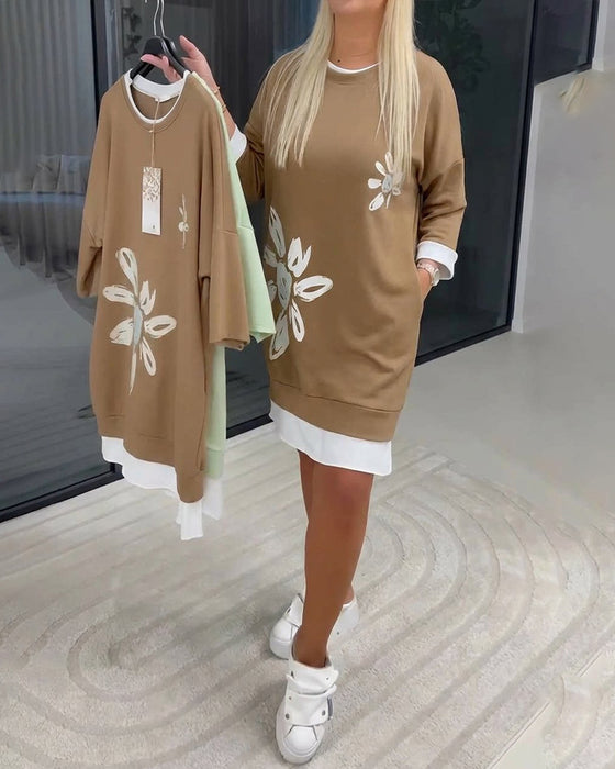 Sweatshirt-Kleid Rundhals bedruckt Patchwork