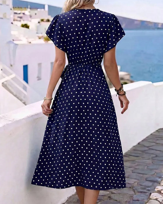 Kleid V-Ausschnitt Tupfen Rüsche Taille