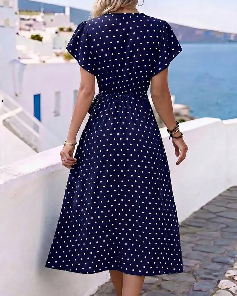 Kleid V-Ausschnitt Tupfen Rüsche Taille