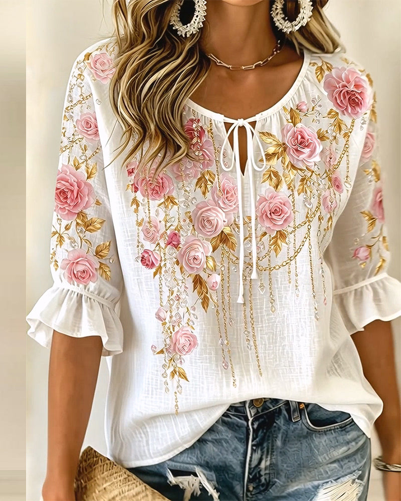 Bluse Rosenprint Lässig Bindung