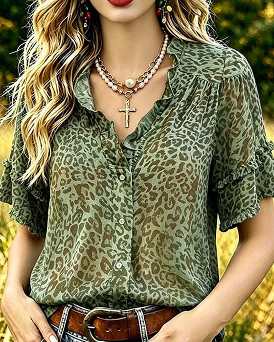Bluse Grünton Leopard Druck Rüsche