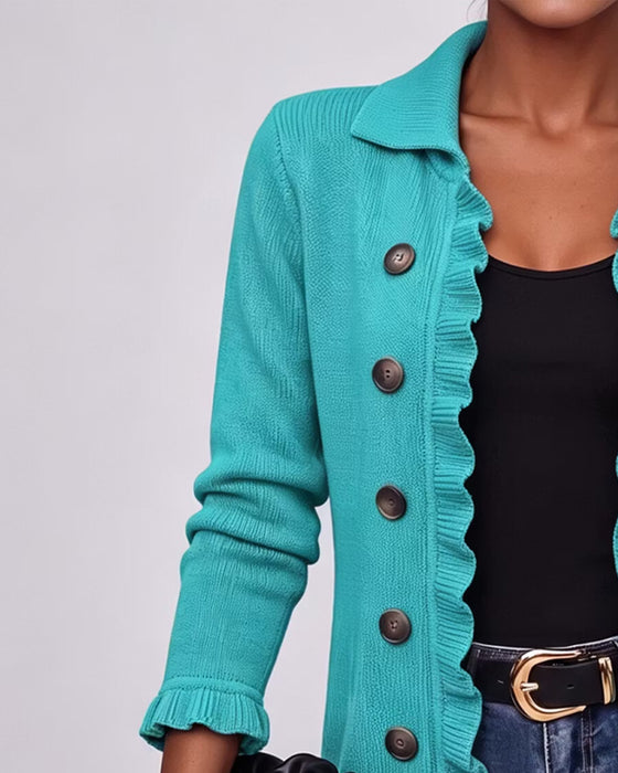 Cardigan Revers Rüsche Knopf