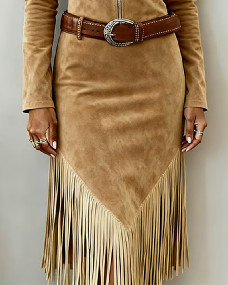 Unifarbenes Kleid mit Halbreißverschluss und Quasten