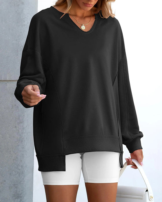 Kleiner V-Ausschnitt, Lässig Weites Langarm Sweatshirt
