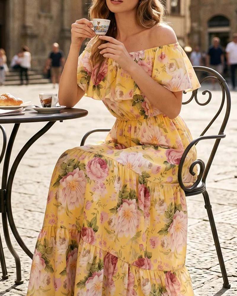 Kleid Off-the-Shoulder Blumenmuster taillierend