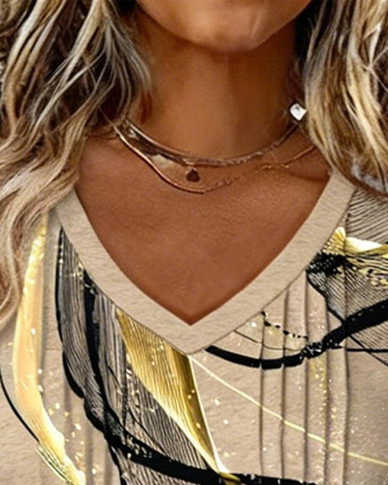 Top V-Ausschnitt Gedruckt Armstreifen Langarm