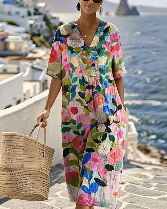 Kleid Aquarell Blumen V-Ausschnitt