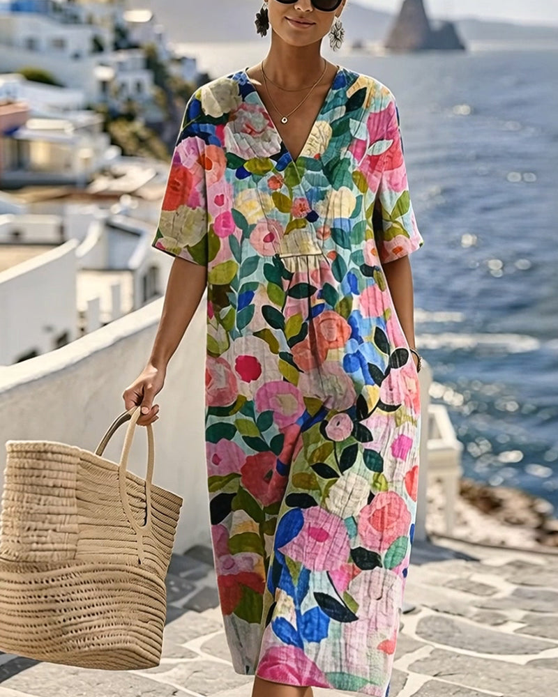 Kleid Aquarell Blumen V-Ausschnitt
