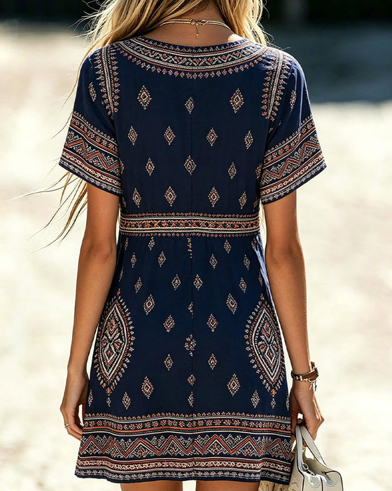 Kleid V-Ausschnitt Kurzarm Geometrischer Druck