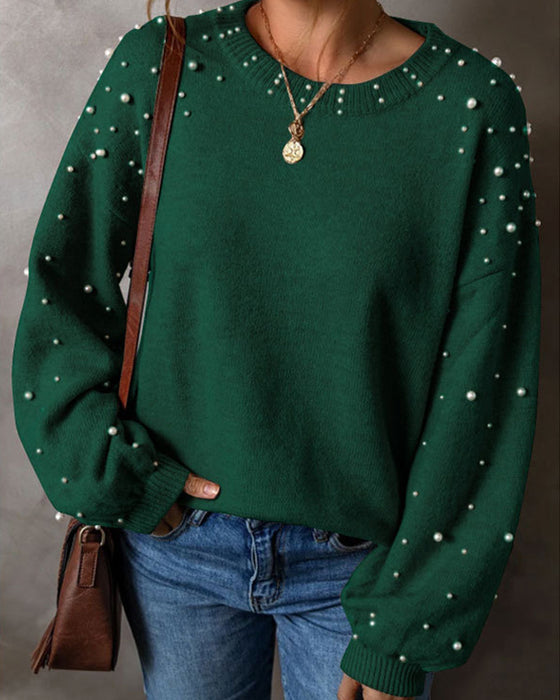 Pullover Mit Perlen Lange Ärmel Rundhals