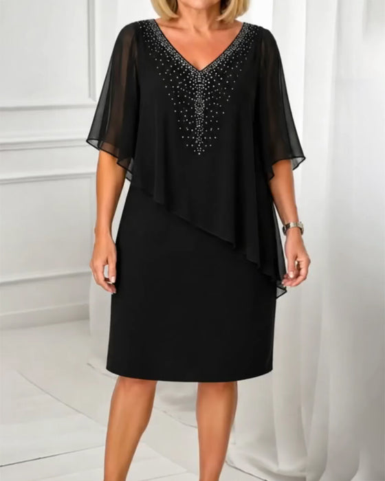Kleid Lässig V-Ausschnitt Rhinestone