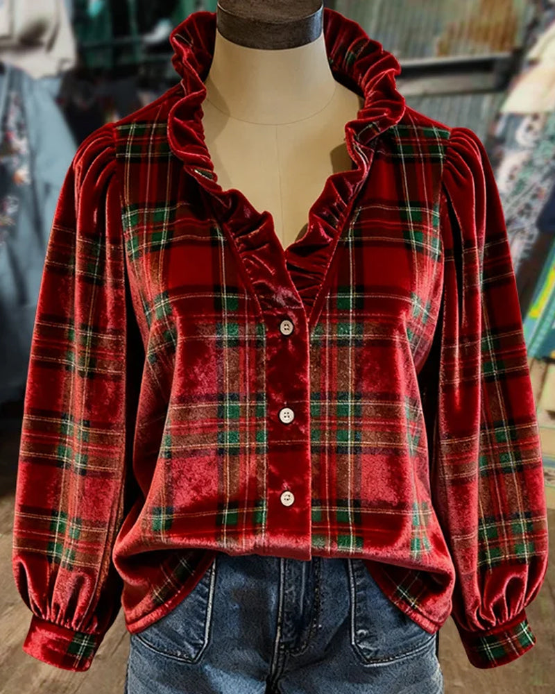 Top Mit Rüschendetails, V-Kragen Design Und Samtstoff