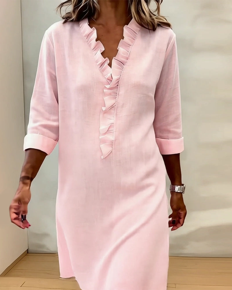 Kleid gerüscht V-Ausschnitt einfarbig