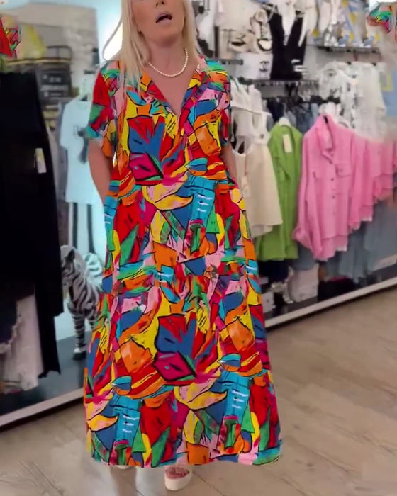 Kleid Reverskragen Bemaltes Muster Kurzarm