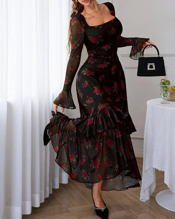 Kleid Quadratischer Ausschnitt Rüsche Ausgestellter Ärmel