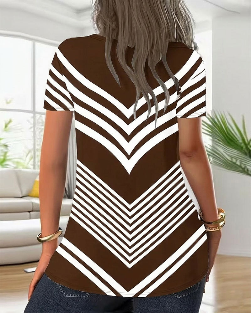 T-Shirt Reißverschluss V-Ausschnitt Gestreift