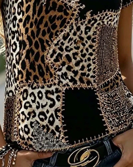 Bluse Rundhals Leopard Druck Kontrast Kurzarm