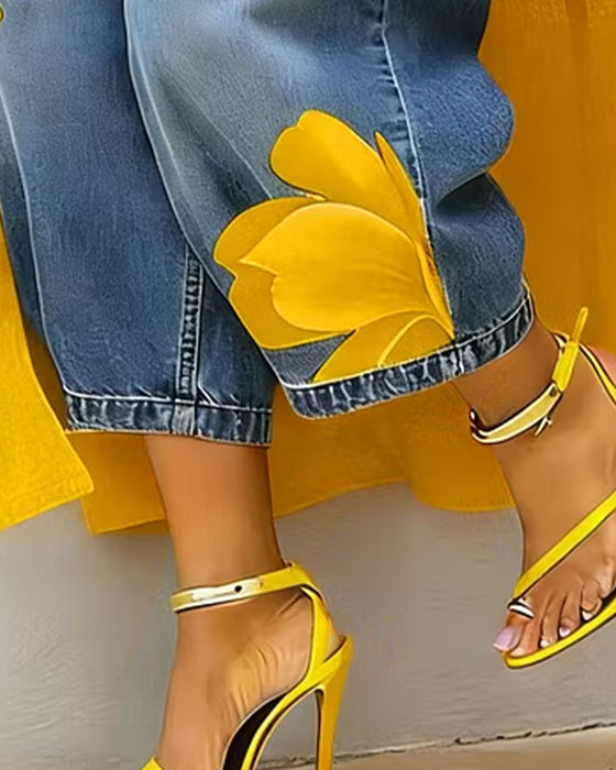 Blumenbedruckte Cropped-Jeans Mit Weitem Bein
