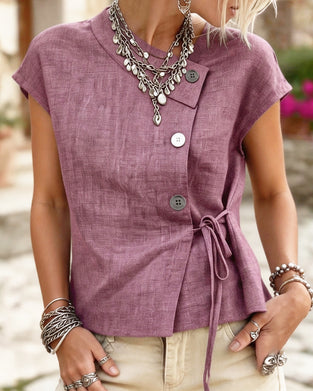 Bluse Asymmetrischer Ausschnitt Krawatte Knopf