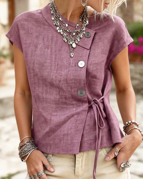 Bluse Asymmetrischer Ausschnitt Krawatte Knopf