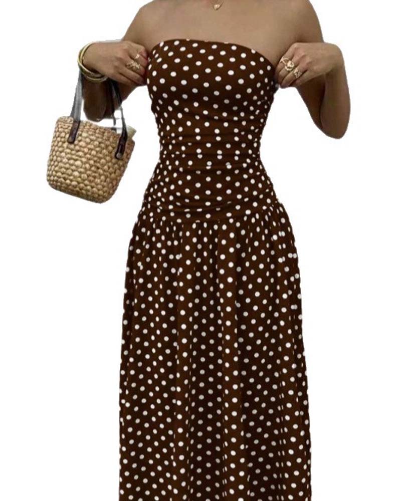 Kleid Tupfen Bandeau A-Linie Lang