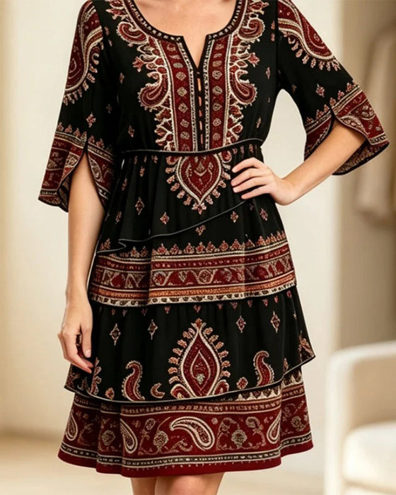 Kleid Bedruckter Rundhals Halb-Ärmel