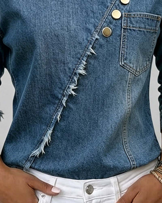 Bluse Jeans Schräger Kragen Langarm