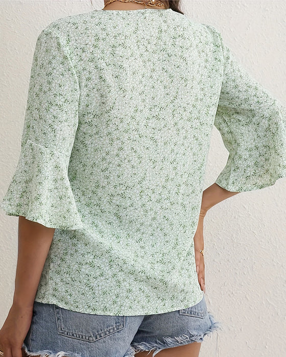 Bluse V-Ausschnitt Blüten Schmetterling Ärmel