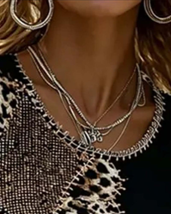 Bluse Rundhals Leopard Druck Kontrast Kurzarm