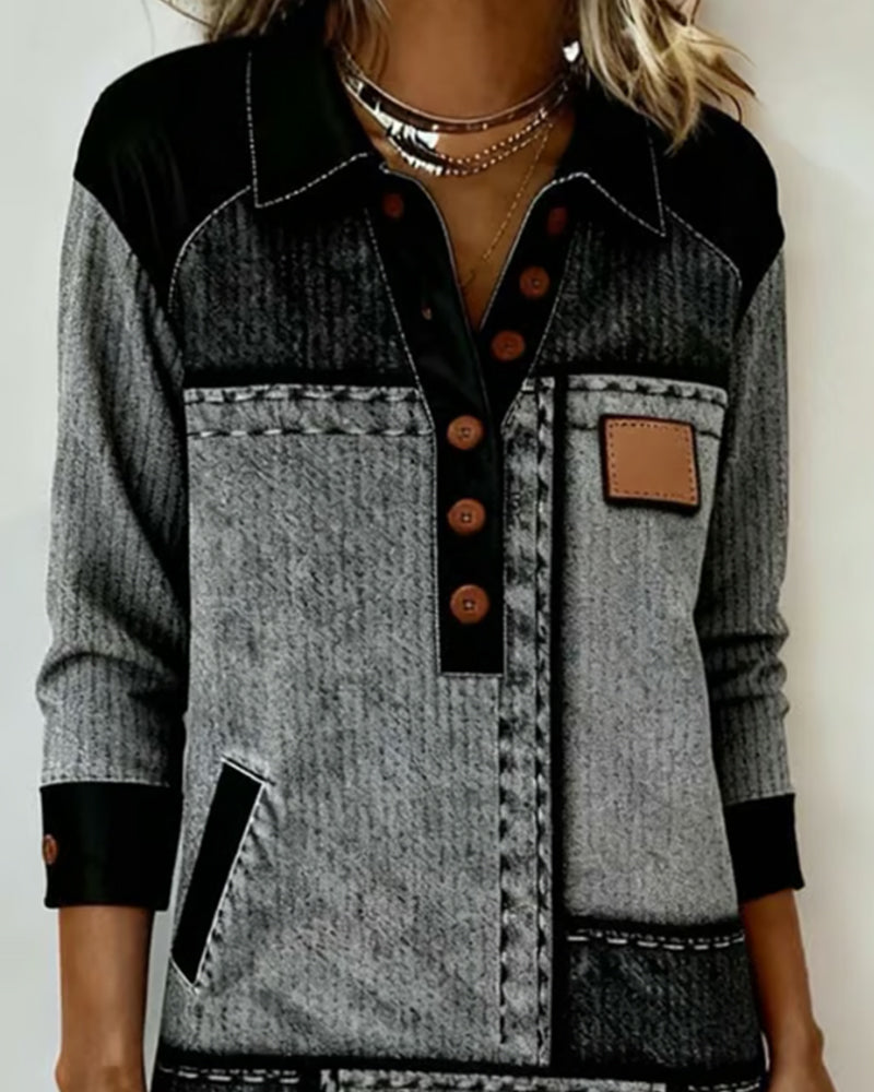 Kleid Knopf Revers V-Ausschnitt Colorblock Modisch