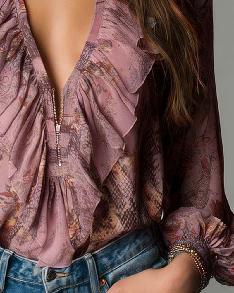 Bluse Tiefes V Rüschen Druck Elegant