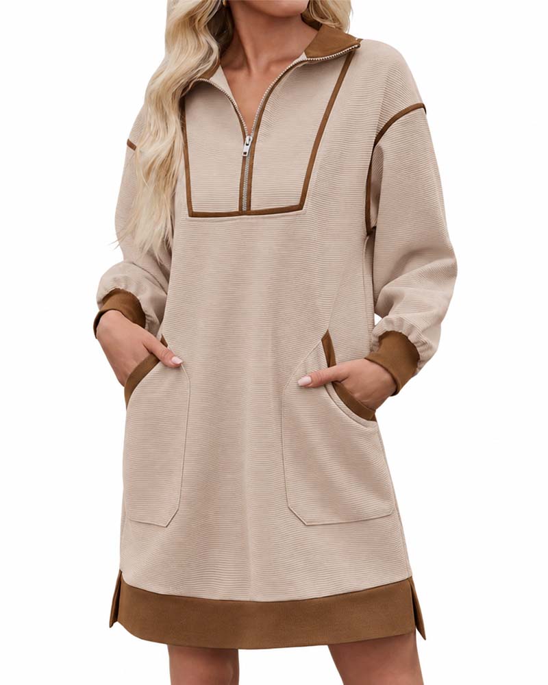 Kleid Halb Zip Langarm Farbblock Kurz