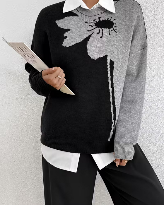 Pullover Farbblock Groß Blumen Jacquard Rundhals
