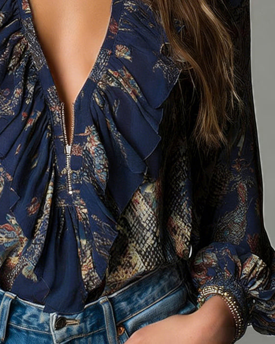 Bluse Tiefes V Rüschen Druck Elegant