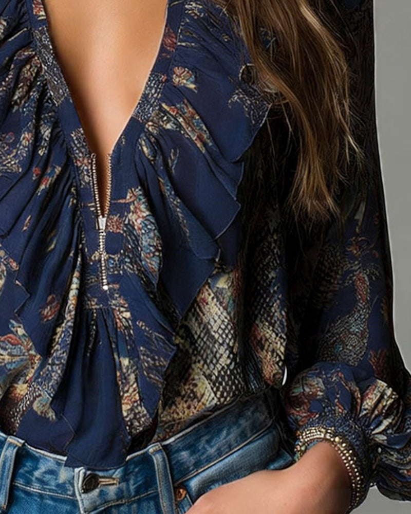 Bluse Tiefes V Rüschen Druck Elegant