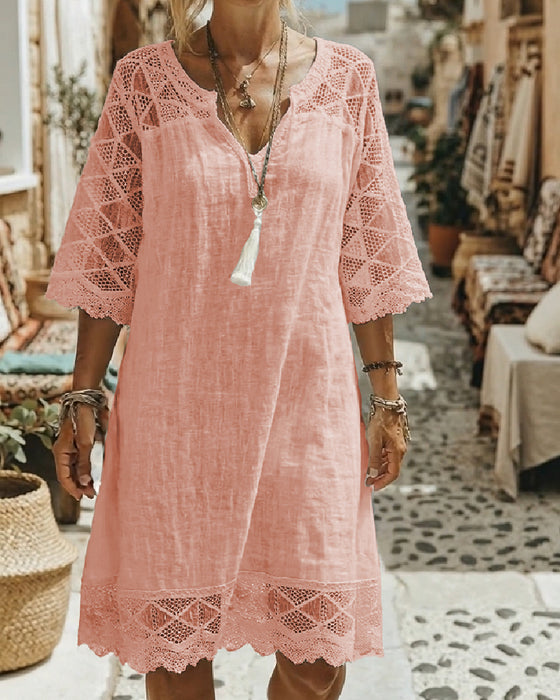 Kleid V-Ausschnitt Spitze Patchwork Lässig