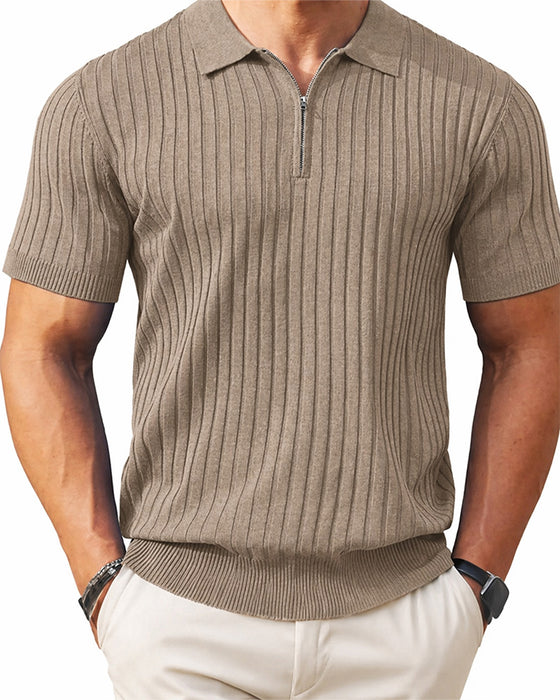 Hemden Herren Reißverschluss Kurzarm Rippstrick Polo T-Shirts Golf