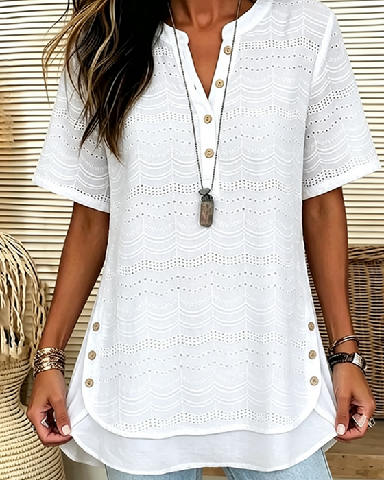 Bluse Einfarbig V-Ausschnitt Knopf Hohl Hoch