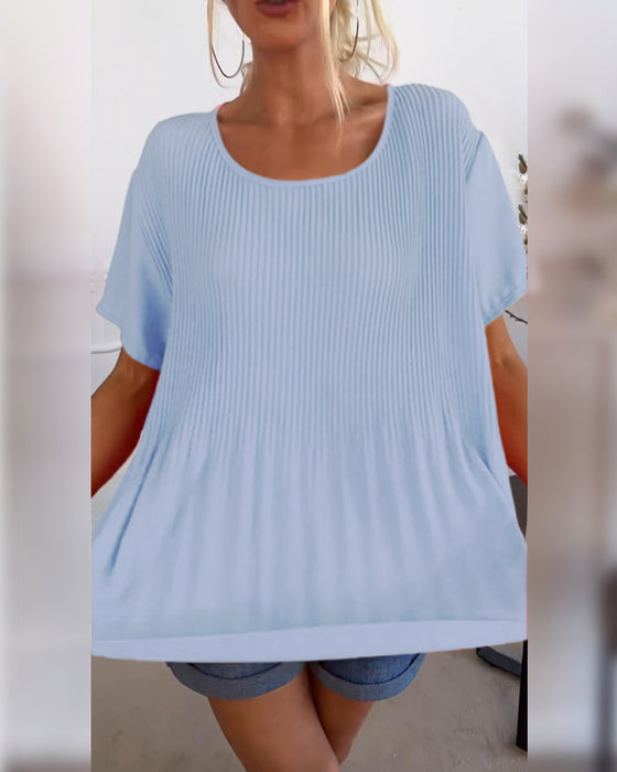 Einfarbige, plissierte bluse mit rundhalsausschnitt