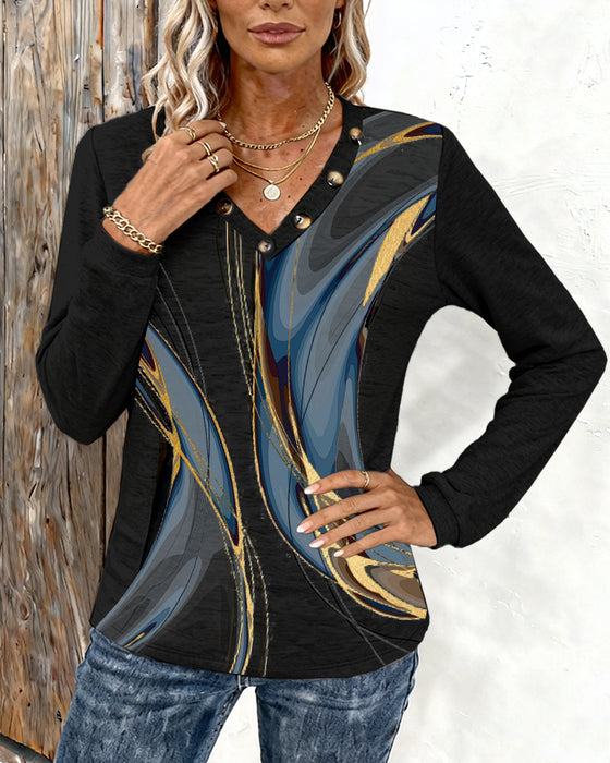 Bedrucktes Casual-Top mit V-Ausschnitt und langen Ärmeln