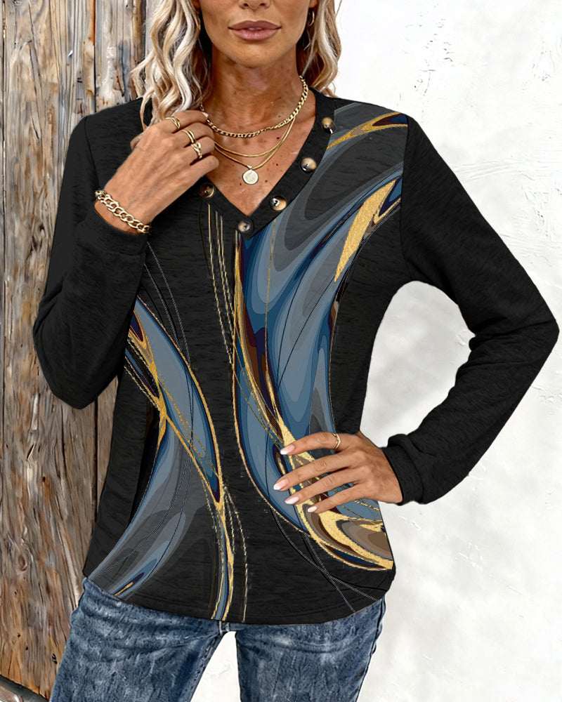 Bedrucktes Casual-Top mit V-Ausschnitt und langen Ärmeln