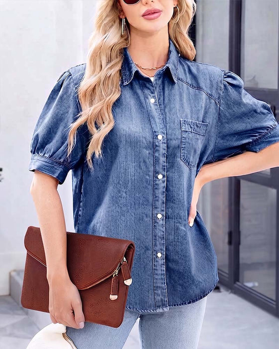 Hemd Druckknopf Denim Laternenärmel Locker