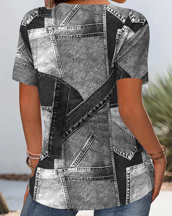 Bluse Vintage Denim Kontrast Cut-Out