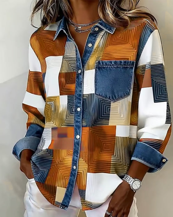 Farbblock Hemd Modischer Revers