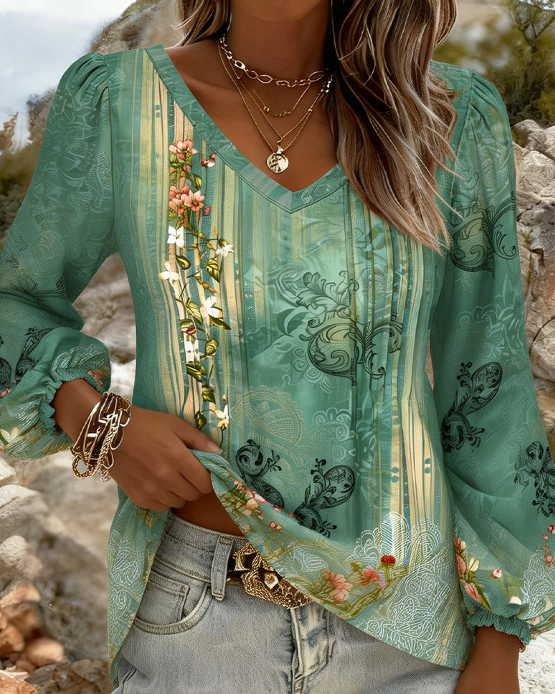 Bluse Floral V-Ausschnitt Puffärmel