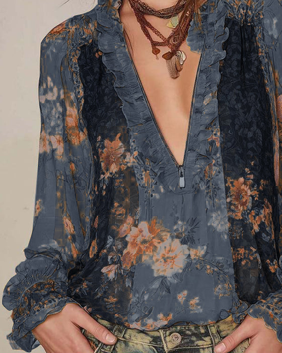 Halbreißverschluss Blumenprint Bluse